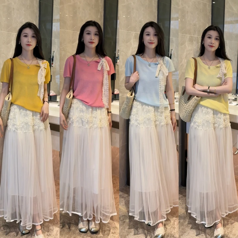 氛围感拼接蕾丝短袖新款夏季甜美时尚圆领设计感+半身裙时尚套装