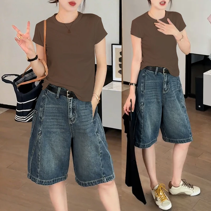 洋气衣服炸街时尚套装女2025夏季新品纯色T恤上衣百搭牛仔五分裤Y