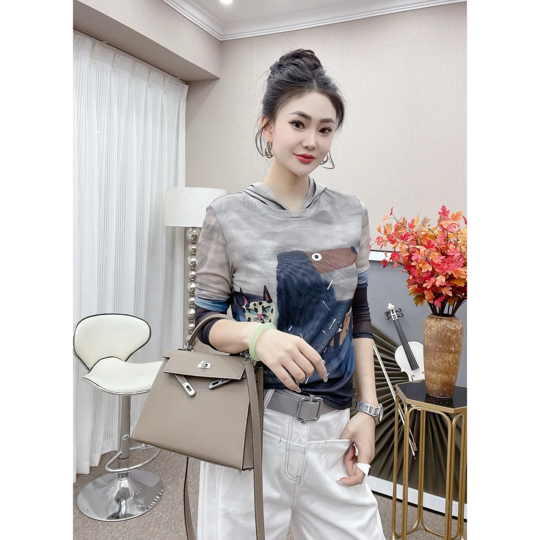 DESMAN【趣味涂鸦】新款女趣味涂鸦定位双层韩国丝修身显瘦连帽T恤