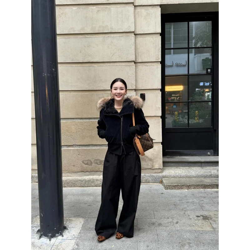 美式复古毛毛领连帽卫衣外套女秋冬季小个子高腰休闲微喇阔腿长裤