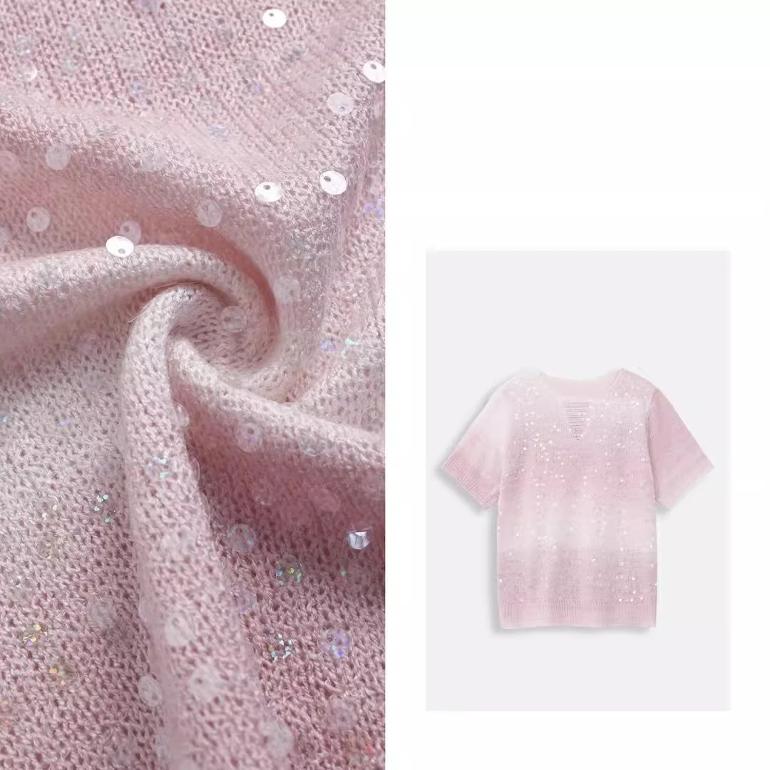 2026年春夏新款显瘦亮片镂空渐变设计感短袖圆领针织衫上衣H7-41