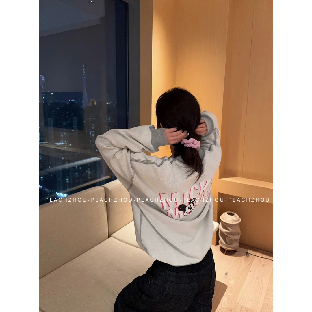 『PEACHZHOU』双面穿米鼠印花圆领毛圈卫衣休闲反做设计感减龄长袖