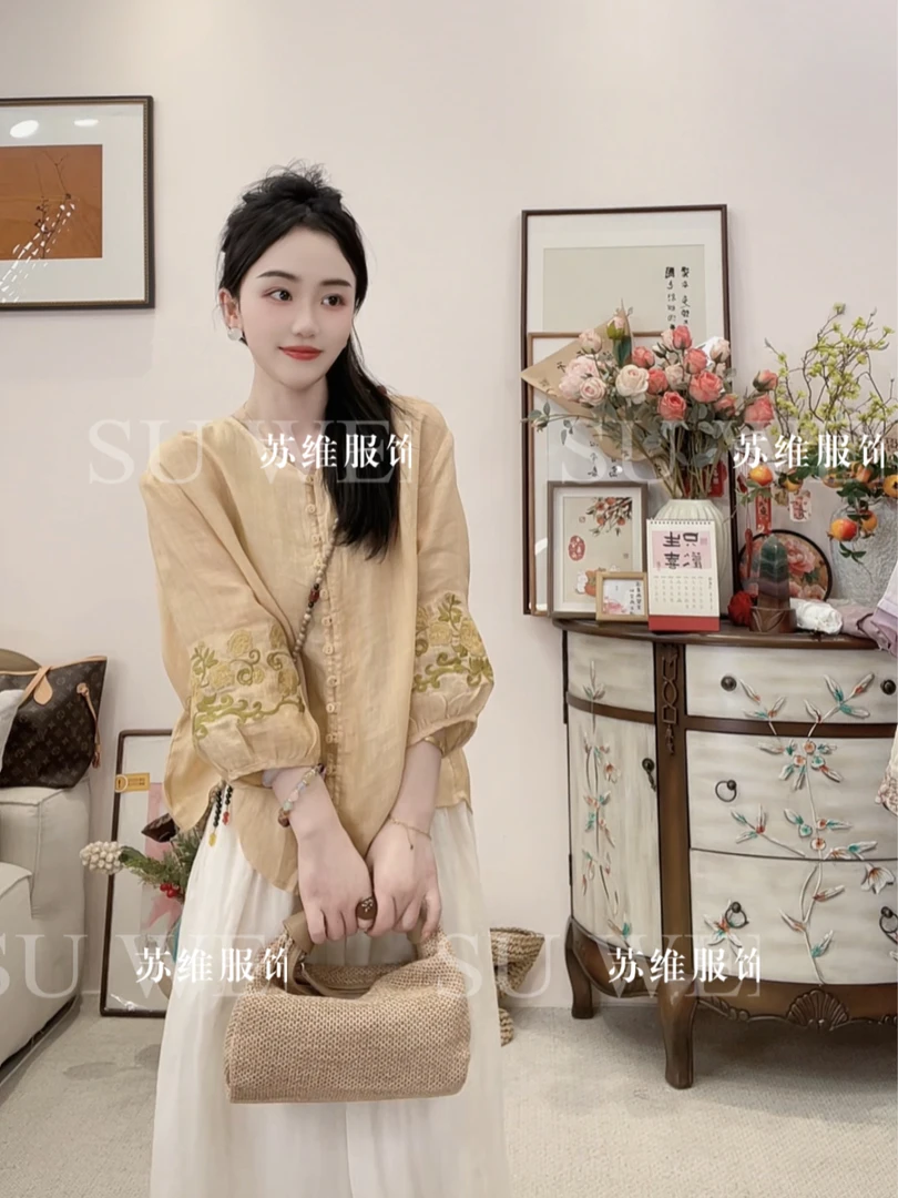 6898秋季新款苎麻刺绣衬衫穿莨麻工艺设计感上衣