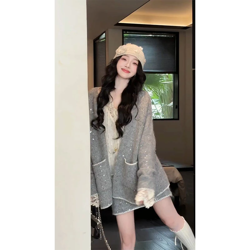 MARIE.COCO秋季新款小香风针织衫毛衣外套蕾丝上衣高腰半身裙套装