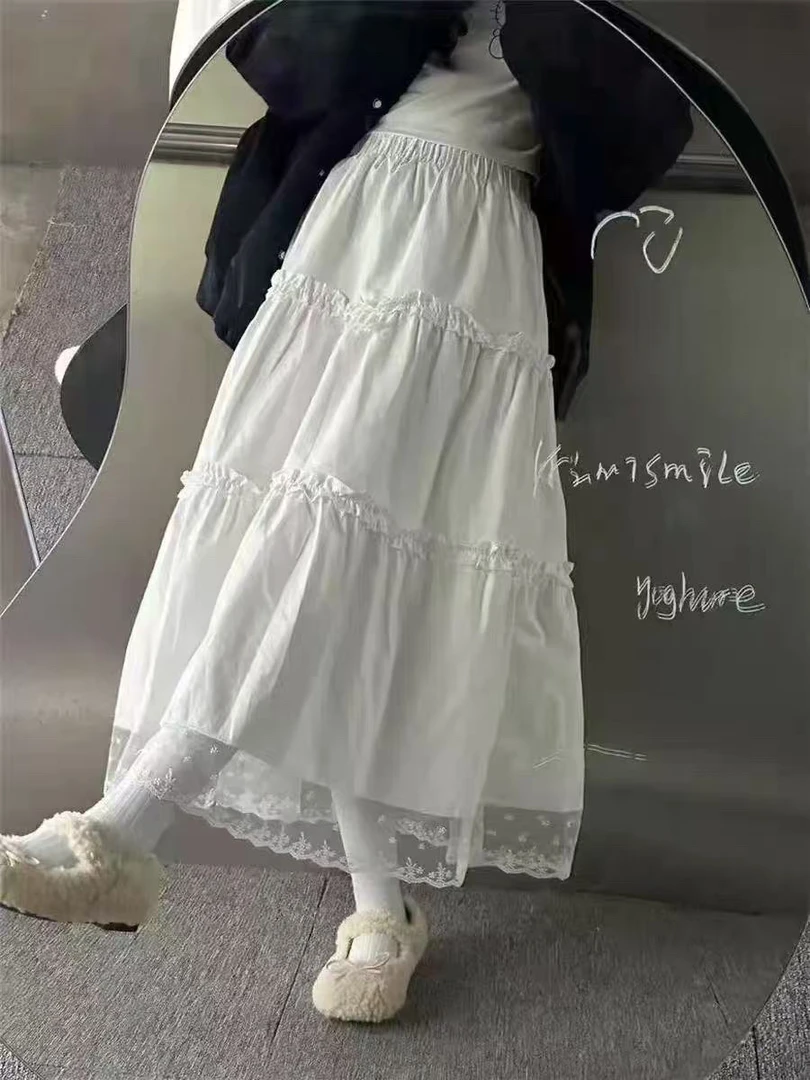 白色设计感蕾丝花边拼接蛋糕裙欧若风女高腰法式长裙大摆裙A字裙