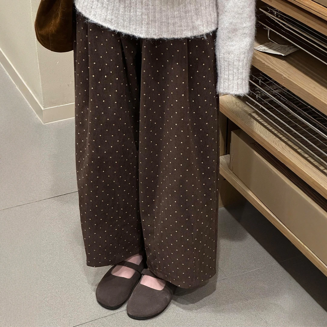 灯芯绒咖色波点阔腿裤女秋新款大码胖mm宽松显瘦小个子九分哈伦裤