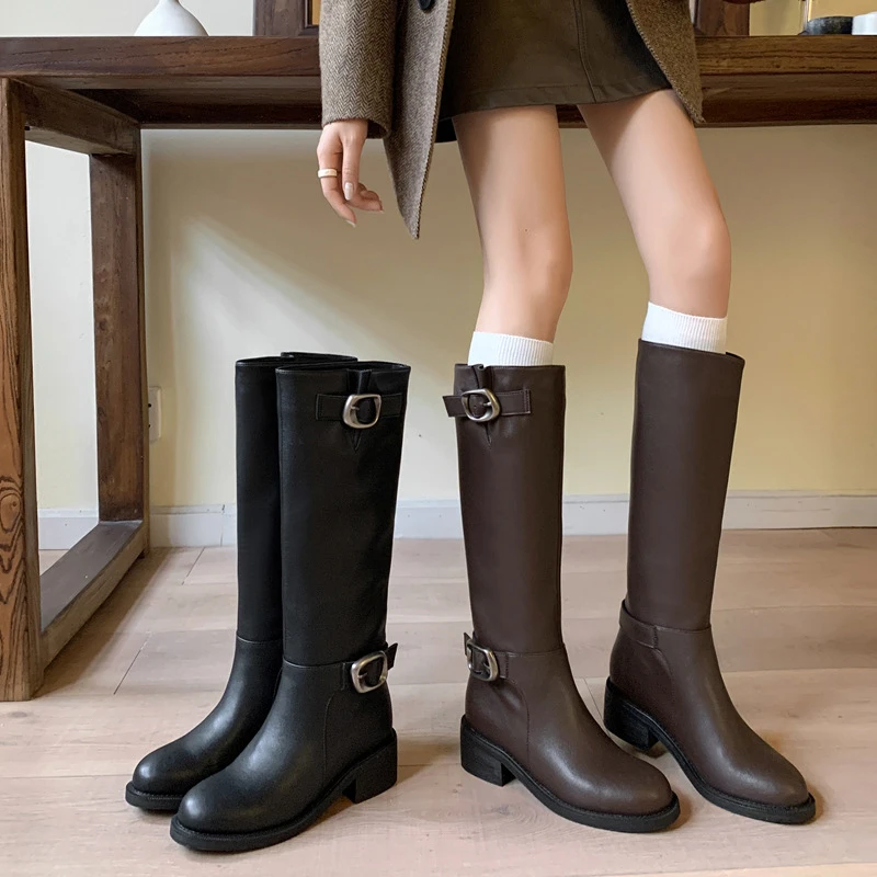 可调筒围胖大筒围骑士靴粗中跟圆头皮带扣真皮高筒长靴女