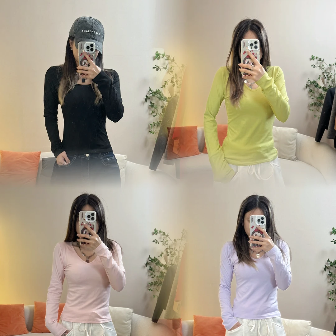 长袖T恤春夏洋气甜美v领圆领修身显瘦小个子短款内搭9821