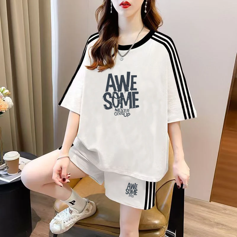 网红炸街运动休闲套装女夏装宽松大码时尚减龄条纹短袖短裤两件套