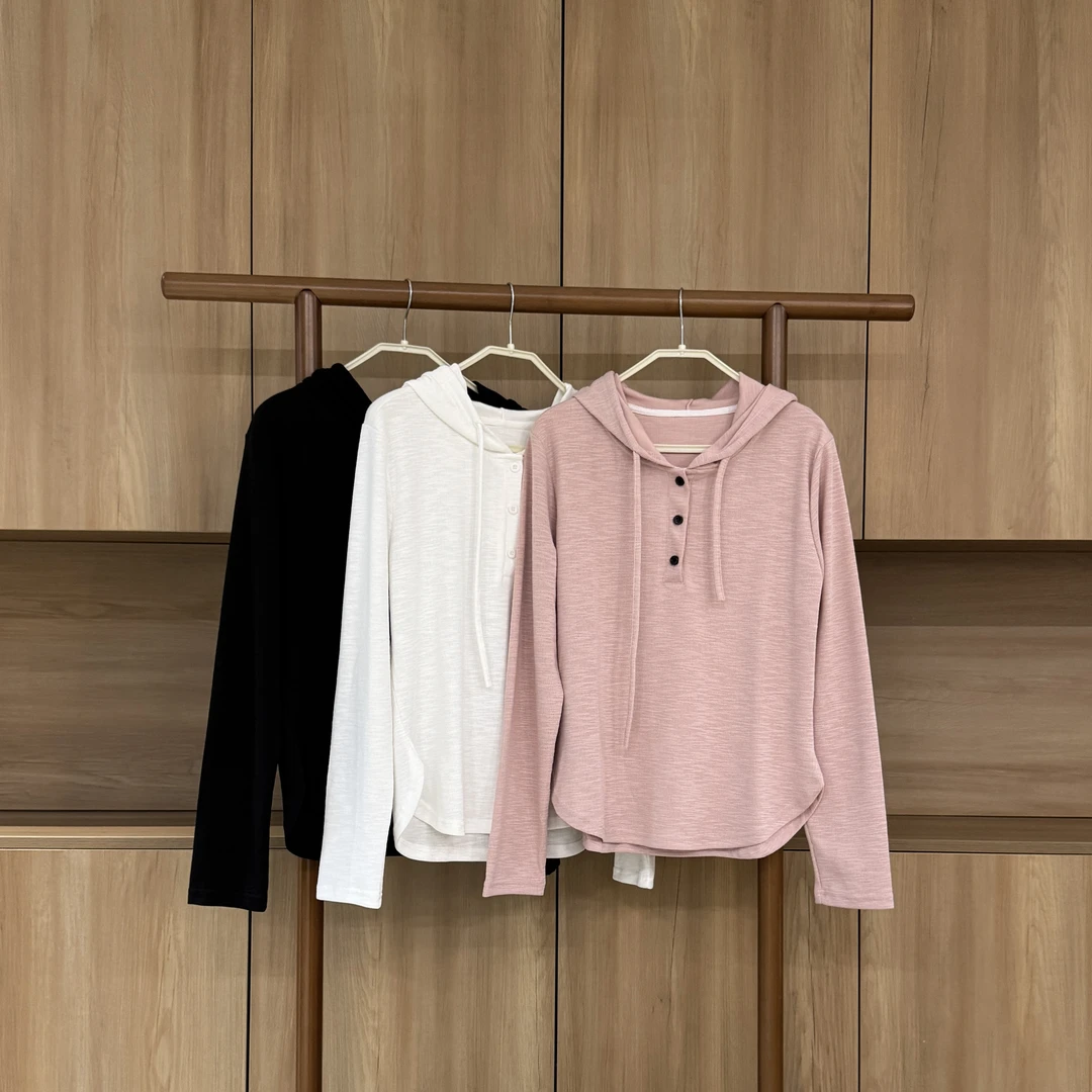 2025春季新款连帽卫衣长袖连帽T半开扣显瘦遮肉圆弧下摆