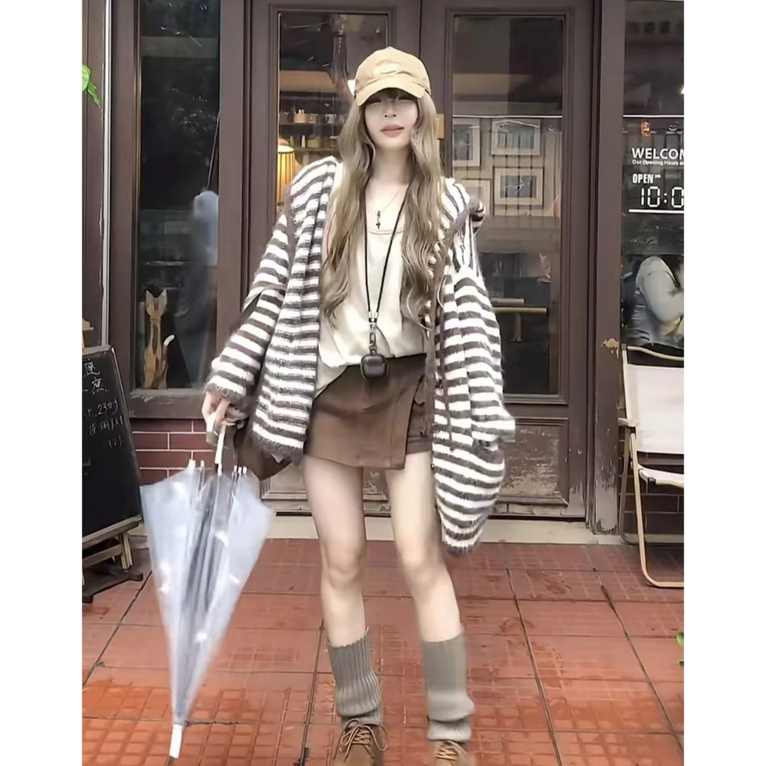 慵懒高级感咖色条纹连帽毛衣开衫女秋冬软糯中长款马海毛针织外套