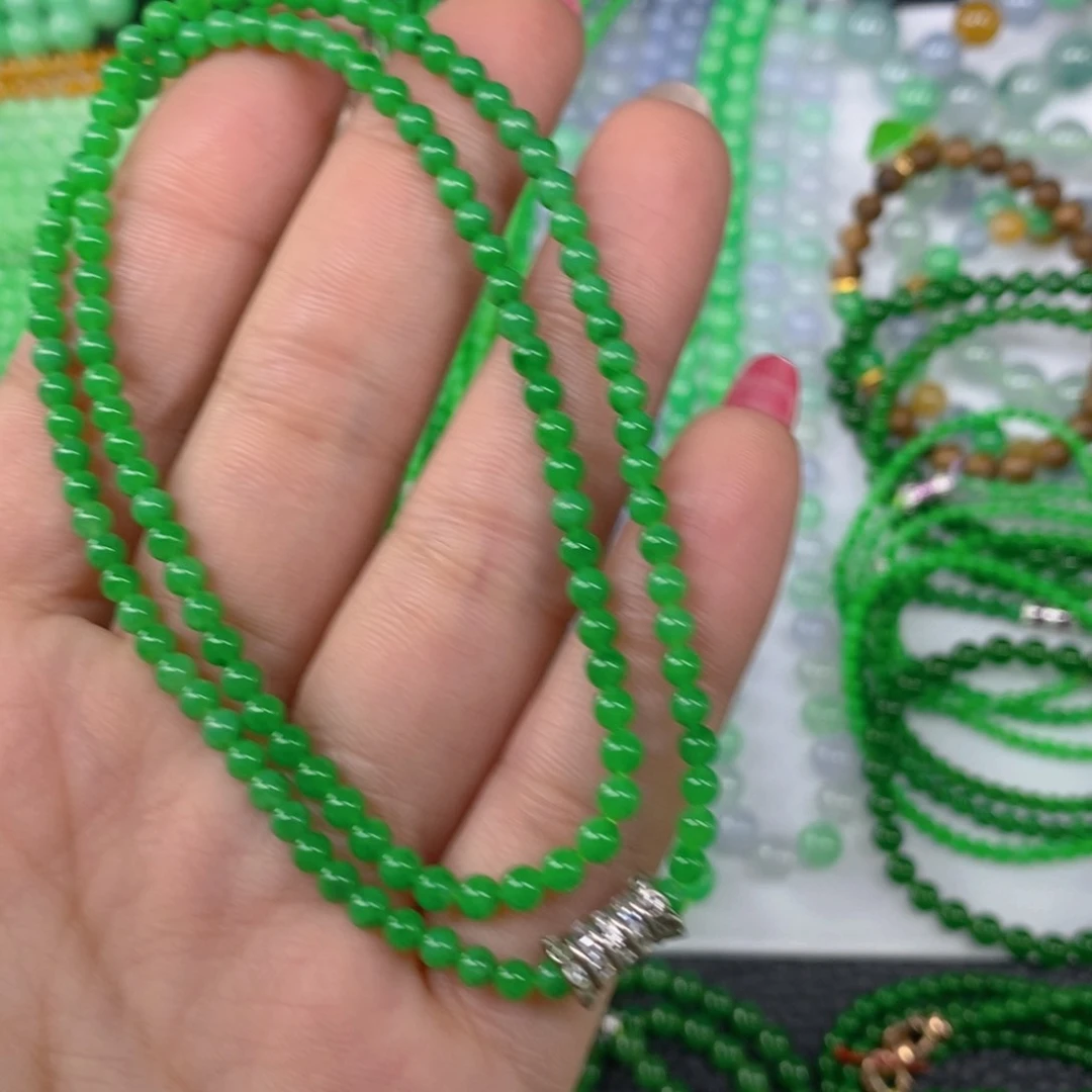 颈饰未镶嵌翡翠缅甸天然翡翠阳绿小米珠锁骨链3.7