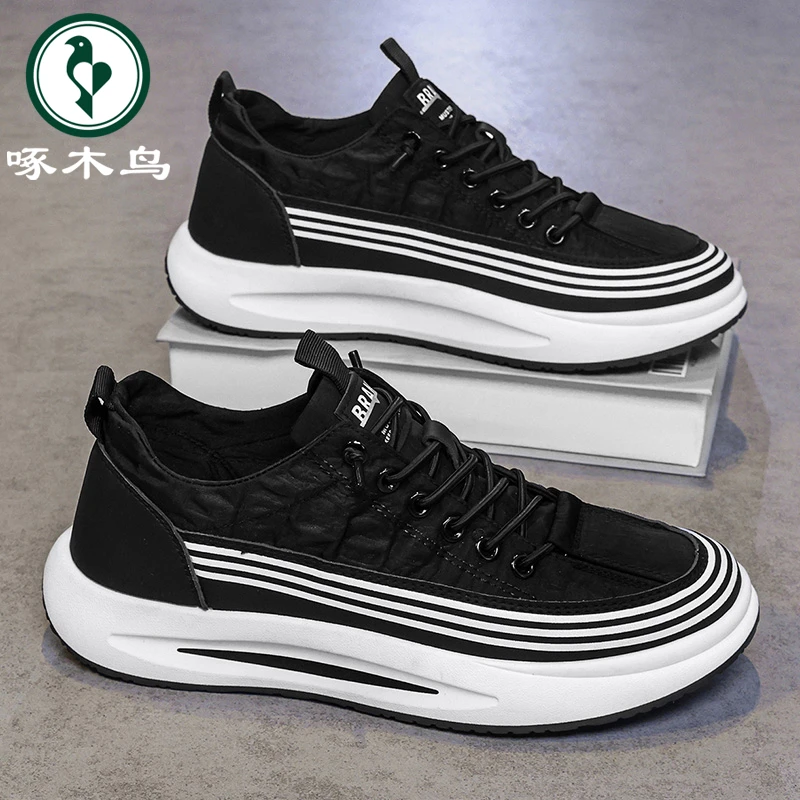 【正品】啄木鸟男鞋冬季潮流百搭透气休闲帆布鞋男士一脚蹬运动潮鞋