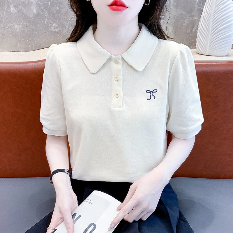女装2025夏季新款polo领泡泡短袖白色T恤小个子时尚洋气百搭上衣