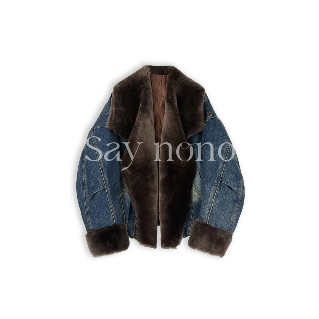 懒猫nono│Saynono 时尚复古慵懒风高级牛仔白鹅绒外套GN06033AY