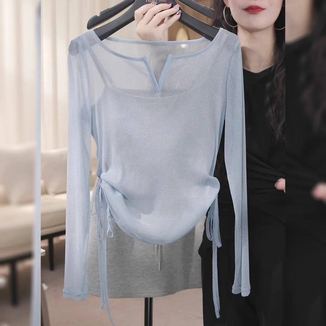 蓝色v领镂空防晒针织罩衫女夏季长袖t恤2025新款韩系抽绳收腰上衣