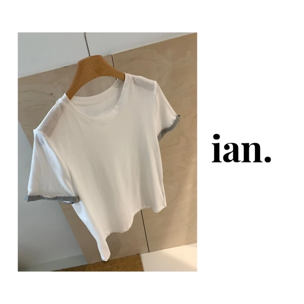 【ian】超薄棉感拼色袖口干净白T恤