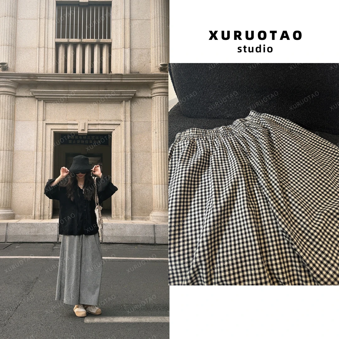 XURUOTAO 【南法假日】格子大裤腿裤裙 高腰松紧重磅棉感新款T6003