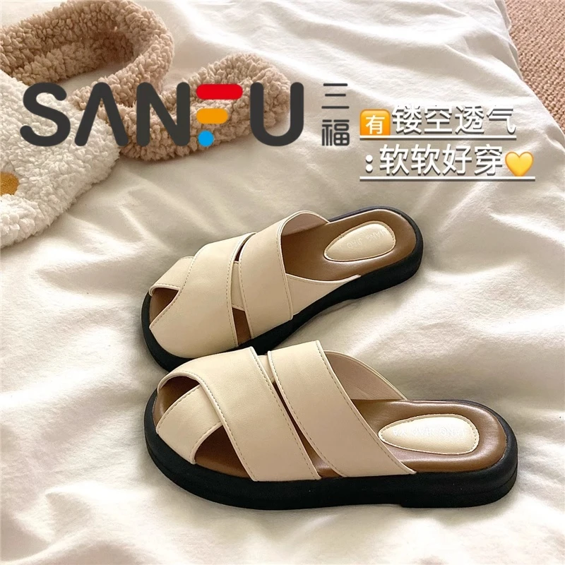 三福软软敲好穿慵懒皮面镂空包头半拖鞋女夏季外穿防滑透气凉拖鞋