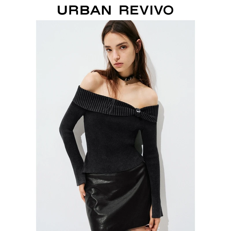 UR2025秋季新款女潮流一字肩皮带扣饰超短款针织衫UYV950053