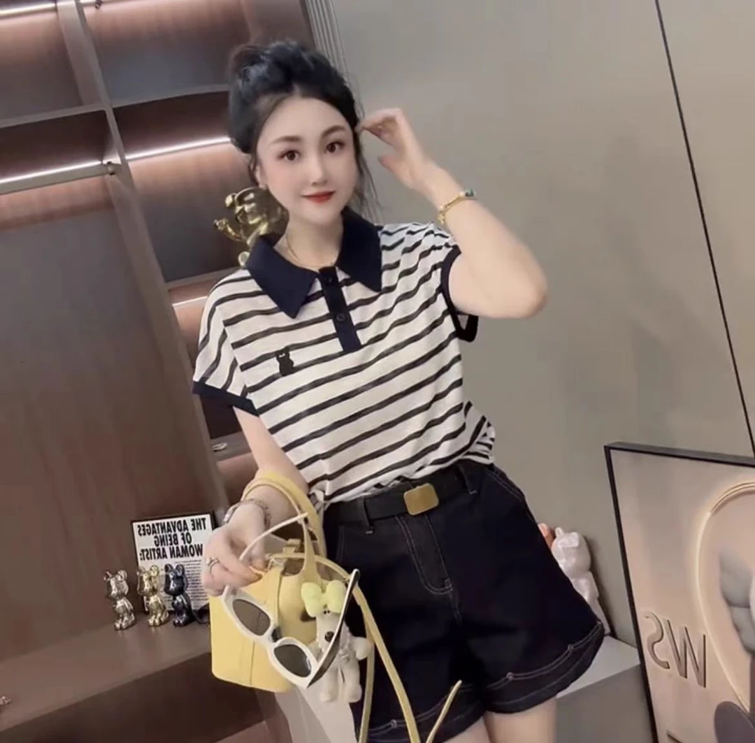 9958BL百搭POLO极简风网红条纹T恤休闲拼接短袖休闲风设计感