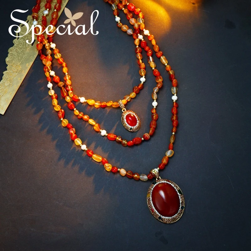 special 碧玺玛瑙淡水珍珠送礼红色双坠长链项链女相遇时有烟火