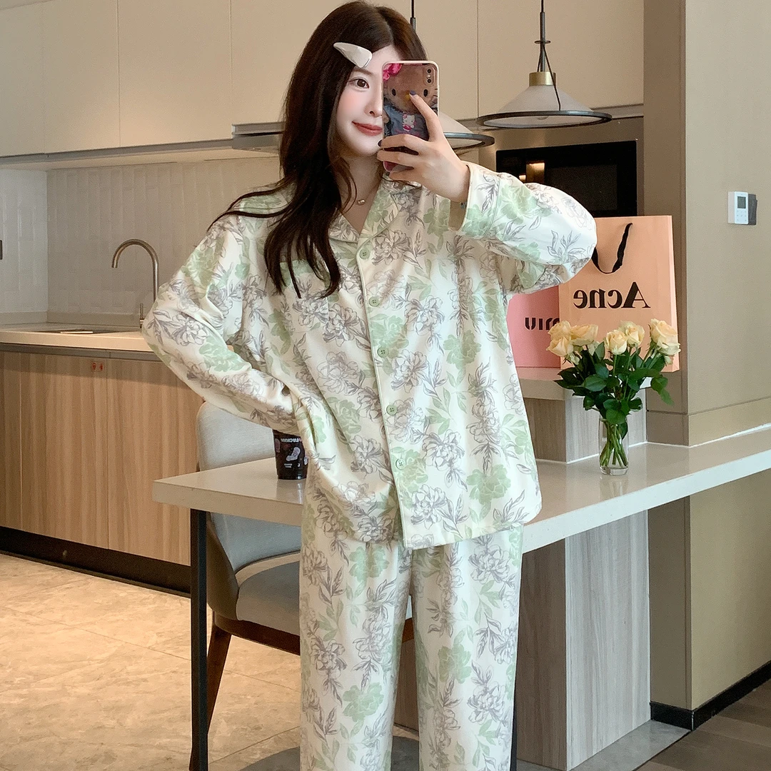 春秋季棉质长袖睡衣2025新款女款宽松休闲开衫可外穿家居服两件套
