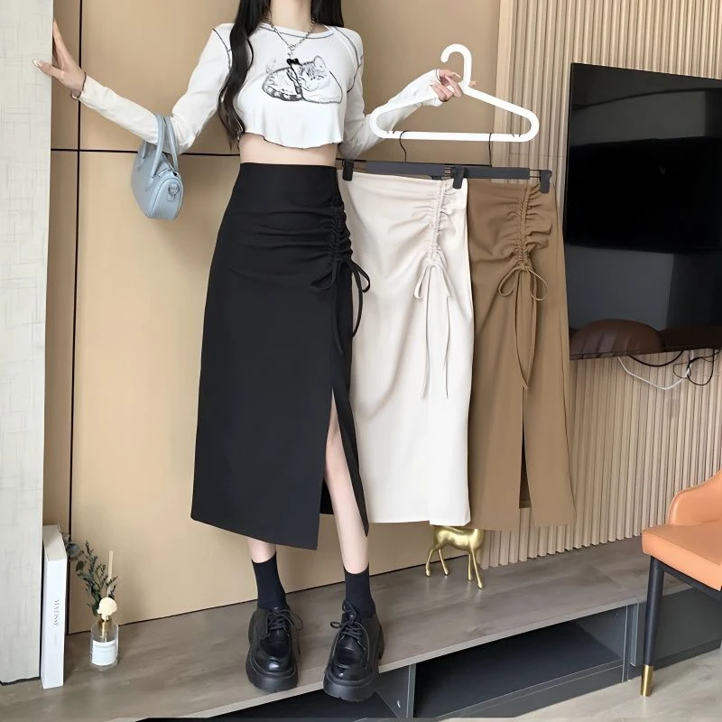 纯色抽绳半身裙女夏款高腰宽松显瘦百搭A字裙褶皱西装开叉包臀裙