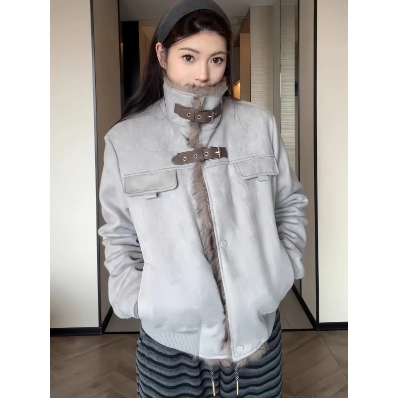 灰色美式麂皮绒拼接座山雕棉服男款冬季加绒加厚立领棉衣外套夹克