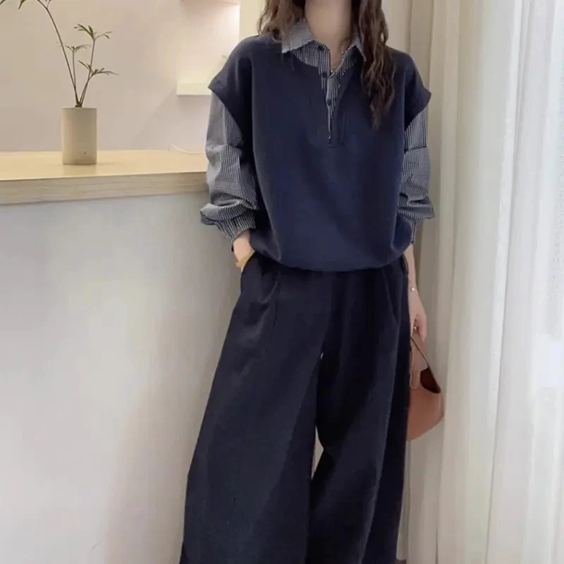 秋季大码女装胖MM独特漂亮假两件拼接格子长袖衬衫女宽松慵懒上衣