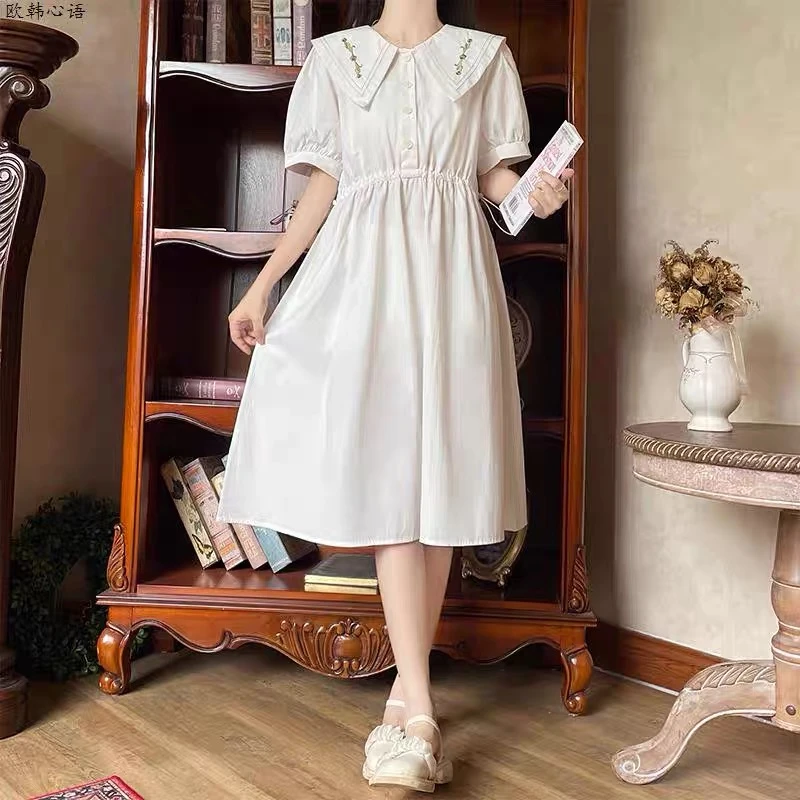 《3号》夏季少女学院风刺绣娃娃领甜美洋气宽松腰间抽绳棉布连衣裙