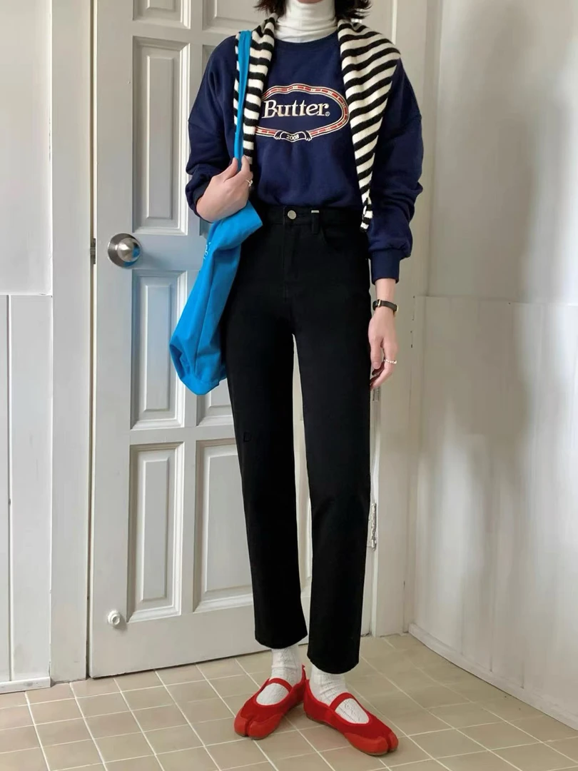 A9095 娜娜 女装直筒裤轻熟黑色牛仔裤女高弹力休闲风秋季百搭