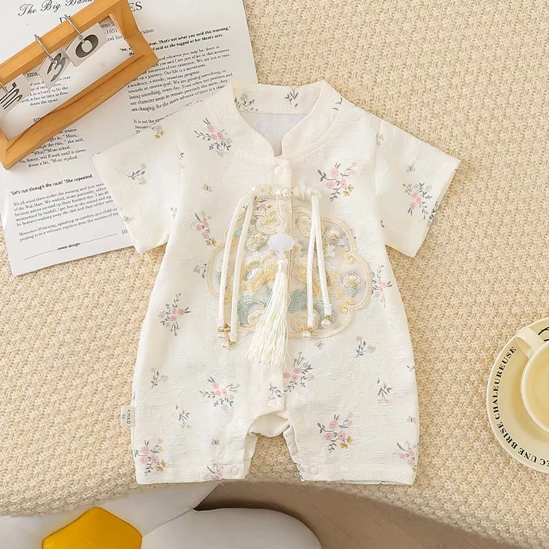 婴儿衣服夏季薄款女宝宝连体衣满月百天幼儿轻奢国风哈衣爬服夏装