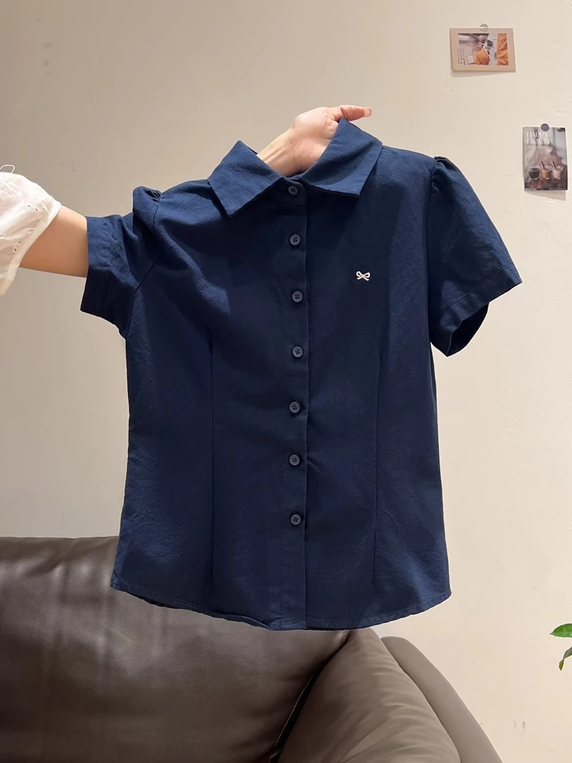 白色短袖衬衫女夏季2025年新款小个子极简刺绣设计感小众短款衬衣