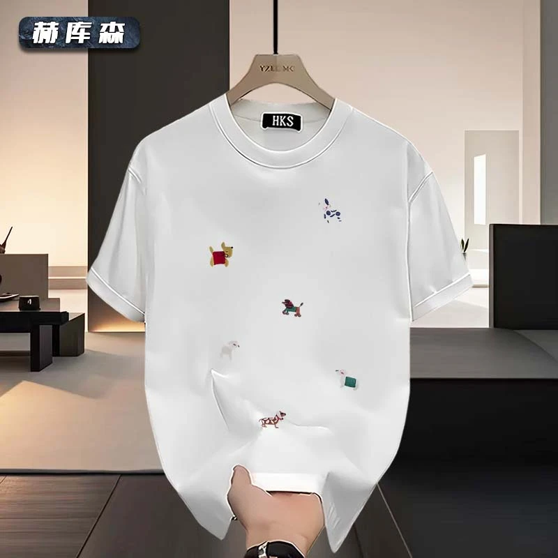 赫库森男女百搭小狗图案重磅纯棉透气短袖ins宽松圆领休闲上衣T恤