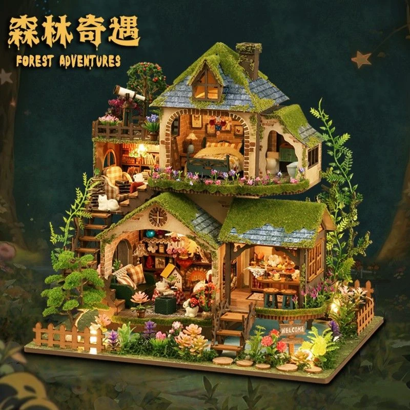 diy手工小屋森林奇遇别墅木质积木拼装房子建筑模型生日礼物送女