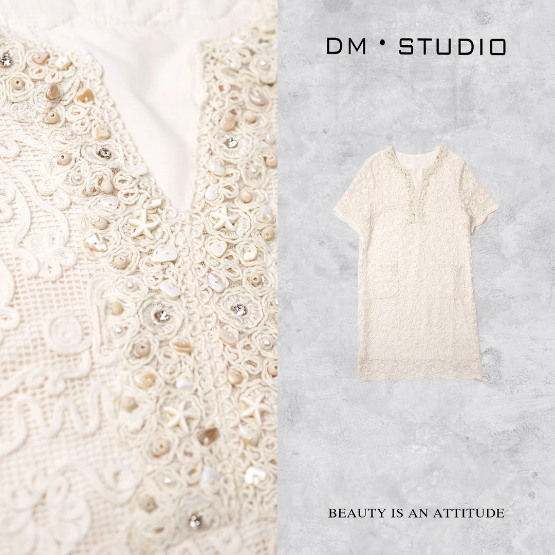 DEDM•STUDIO/法式精致蕾丝串珠钩花镂空休闲连衣裙（2503LYQ/9566）