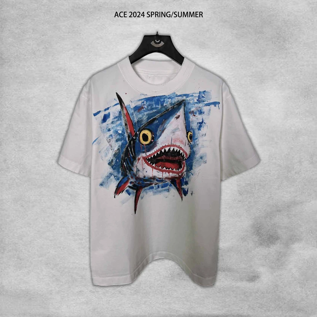 【冷目潮物质】 重磅洗水磨破做旧鲨鱼彩绘宽松纯棉短袖重工小领T恤