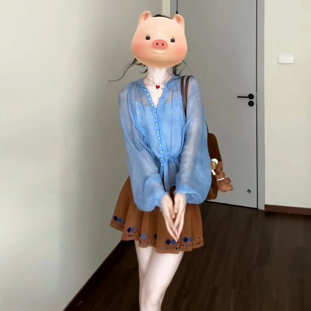 新中式上衣女夏季设计感特别漂亮蓝色盘扣小衬衣薄款防晒衬衫外套