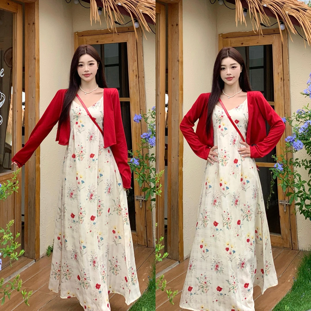 大码盛夏繁花法式慵懒温柔浪漫氛围吊带裙胖MM收腰显瘦长裙+开衫