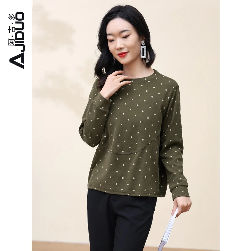 阿吉多波点长袖t恤女春秋内搭打底衫大码宽松单穿休闲洋气上衣