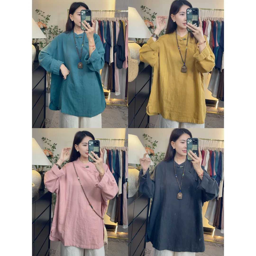 花汐语【千树语朵】高品质多色缤纷中式盘扣亚麻琉璃扣衬衫女上衣