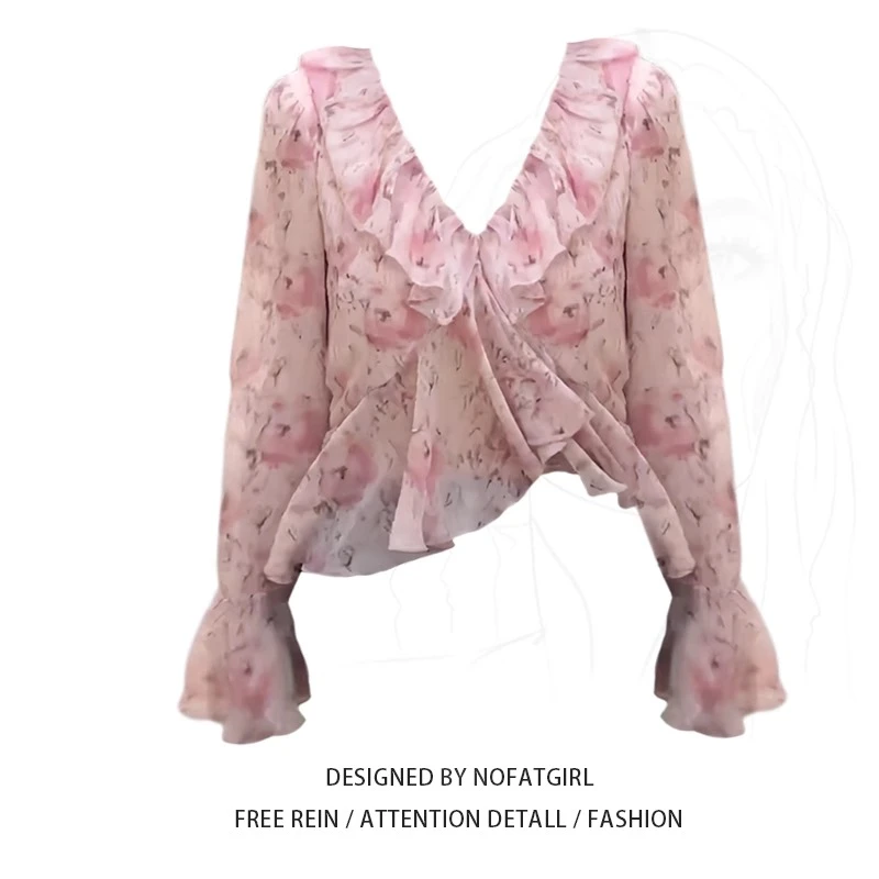 大码胖MM粉色碎花荷叶边碎花薄款雪纺衬衫女装夏季高级感防晒上衣