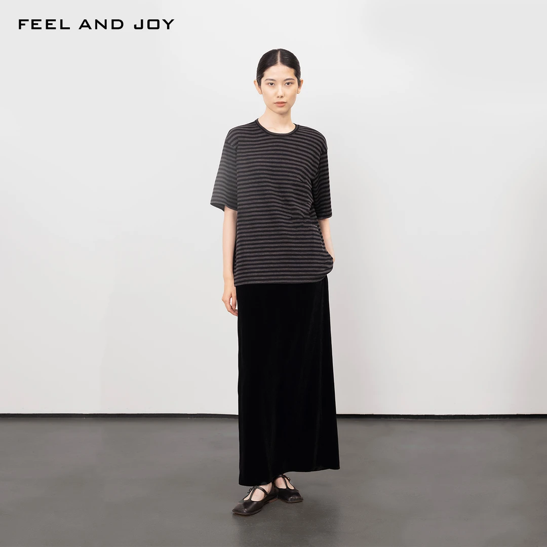 FEEL AND JOY宽松条纹T恤女细支羊毛混纺短袖圆领短袖慵懒风上衣