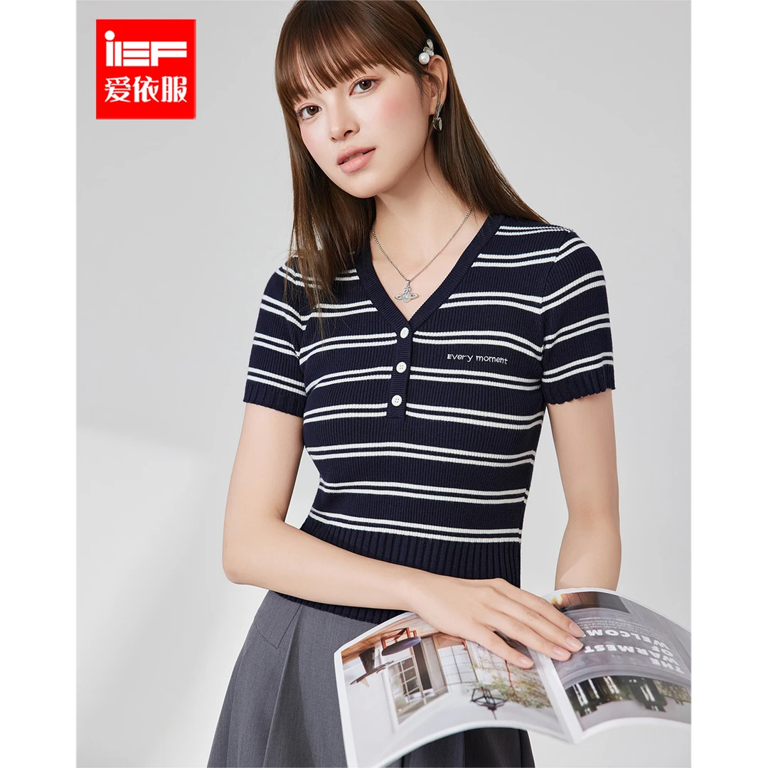 IEF/爱依服2025夏季新款短袖V领款显瘦休闲条纹短款上衣流光风