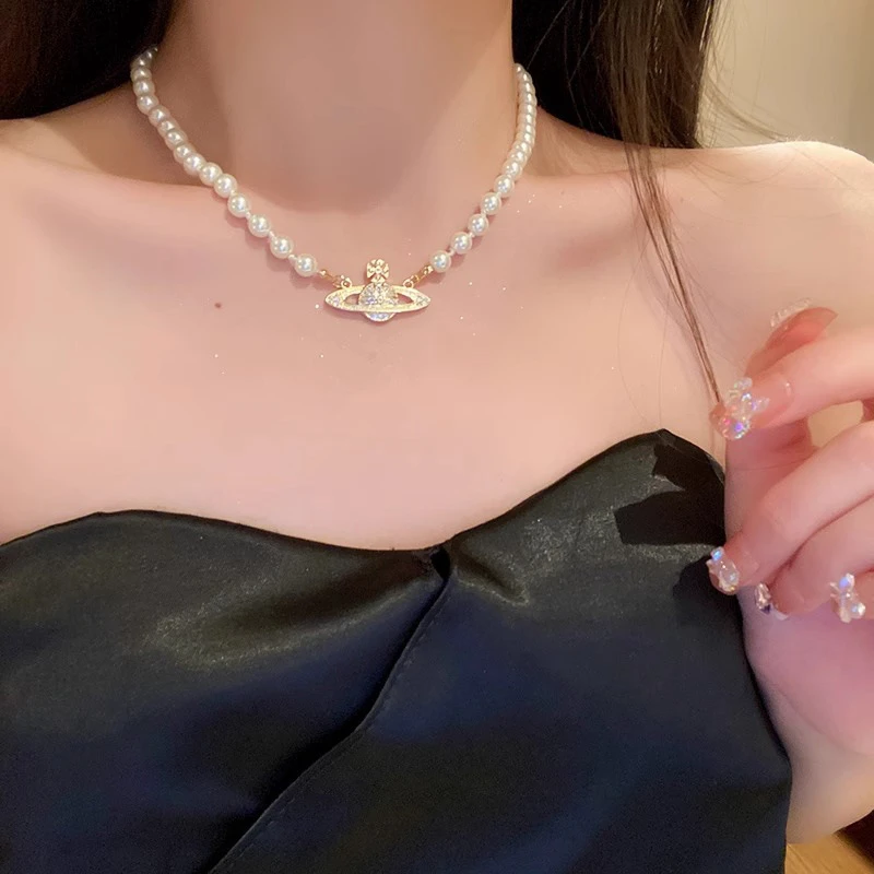 铜合金仿珍珠吊坠 西太土星珍珠项链欧美小众个性时尚百搭锁骨链