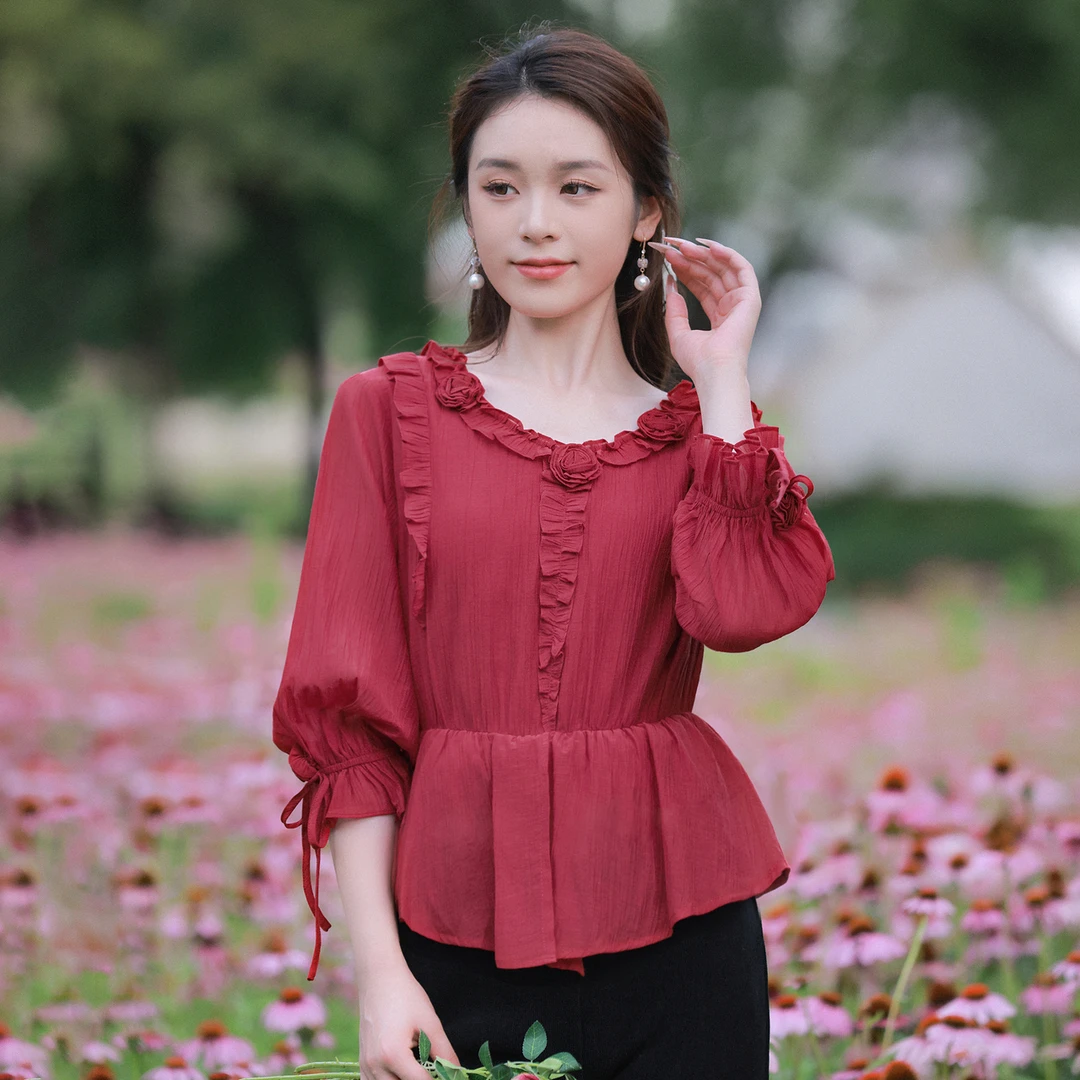 烟花烫复古法式显白红色收腰衬衫女显瘦气质七分袖衬衣上衣 梵负