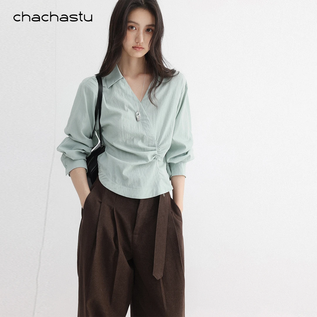 CHACHASTU法式极简不规则斜襟收腰长袖衬衫显瘦V领外穿上衣H4304W