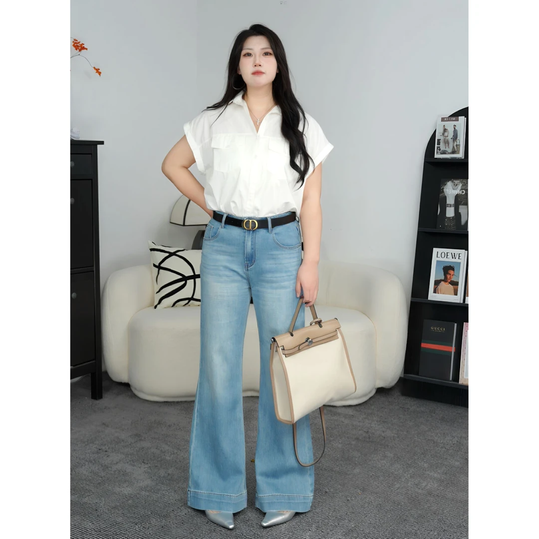 春夏款梨形苹果型微胖显瘦大码胖MM宽松水洗高腰牛仔裤 68031