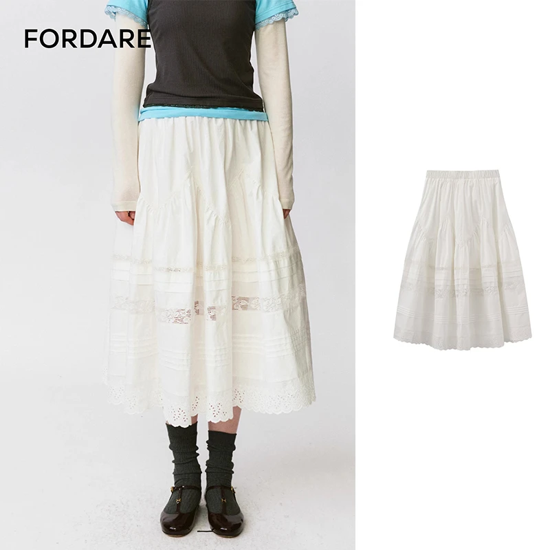 FORDARE/福蝶25早秋复古塔克镂空花边拼接中长裙